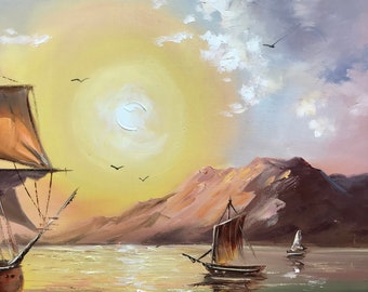 帆船の油絵 夕日に沈む船のオリジナル絵画 帆船の壁画 沿岸の