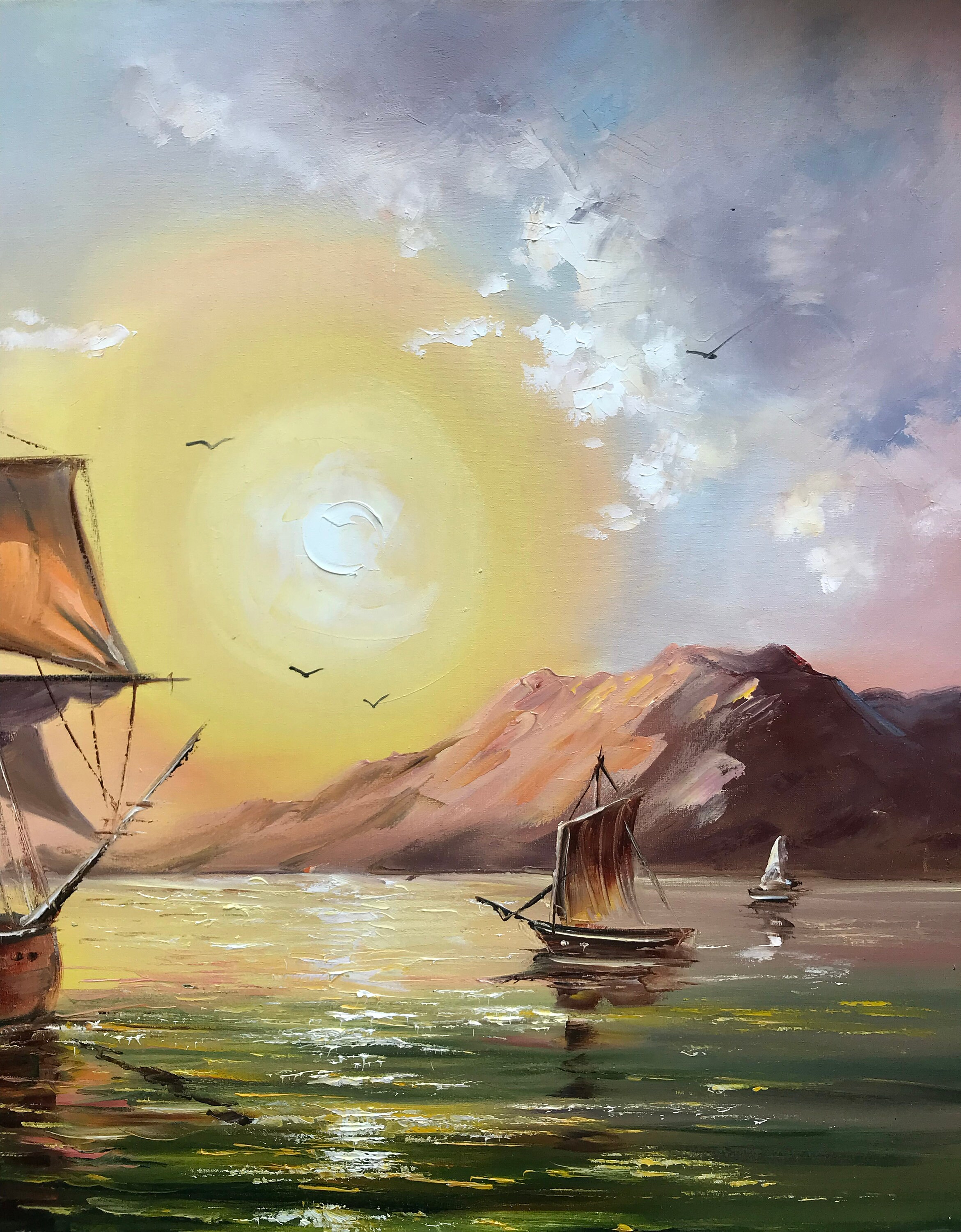 帆船の油絵 夕日に沈む船のオリジナル絵画 帆船の壁画 沿岸の 帆船の油絵 夕日に沈む船のオリジナル絵画 帆船の壁画 沿岸の