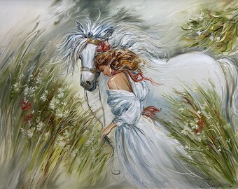 絵画　「白馬とハスキー」水彩画 絵画 「白馬とハスキー」水彩画
