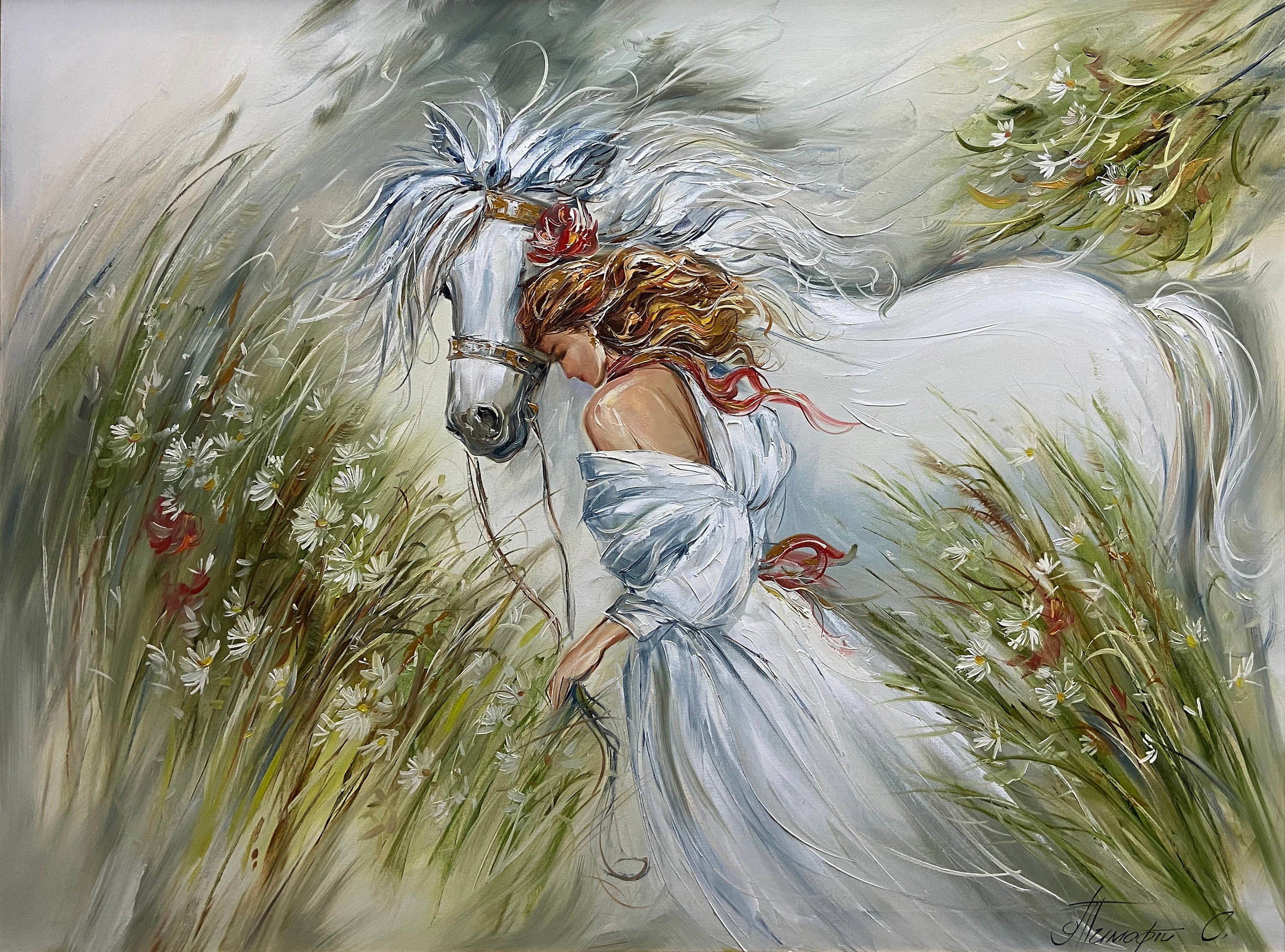 絵画 「白馬とハスキー」水彩画