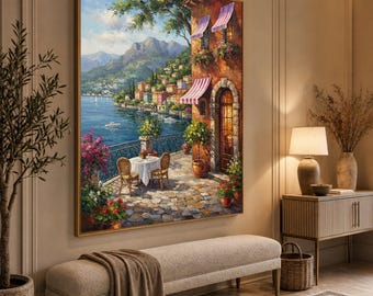 イタリアのカフェ風景油絵オリジナルカスタムコモ湖イタリア壁掛け