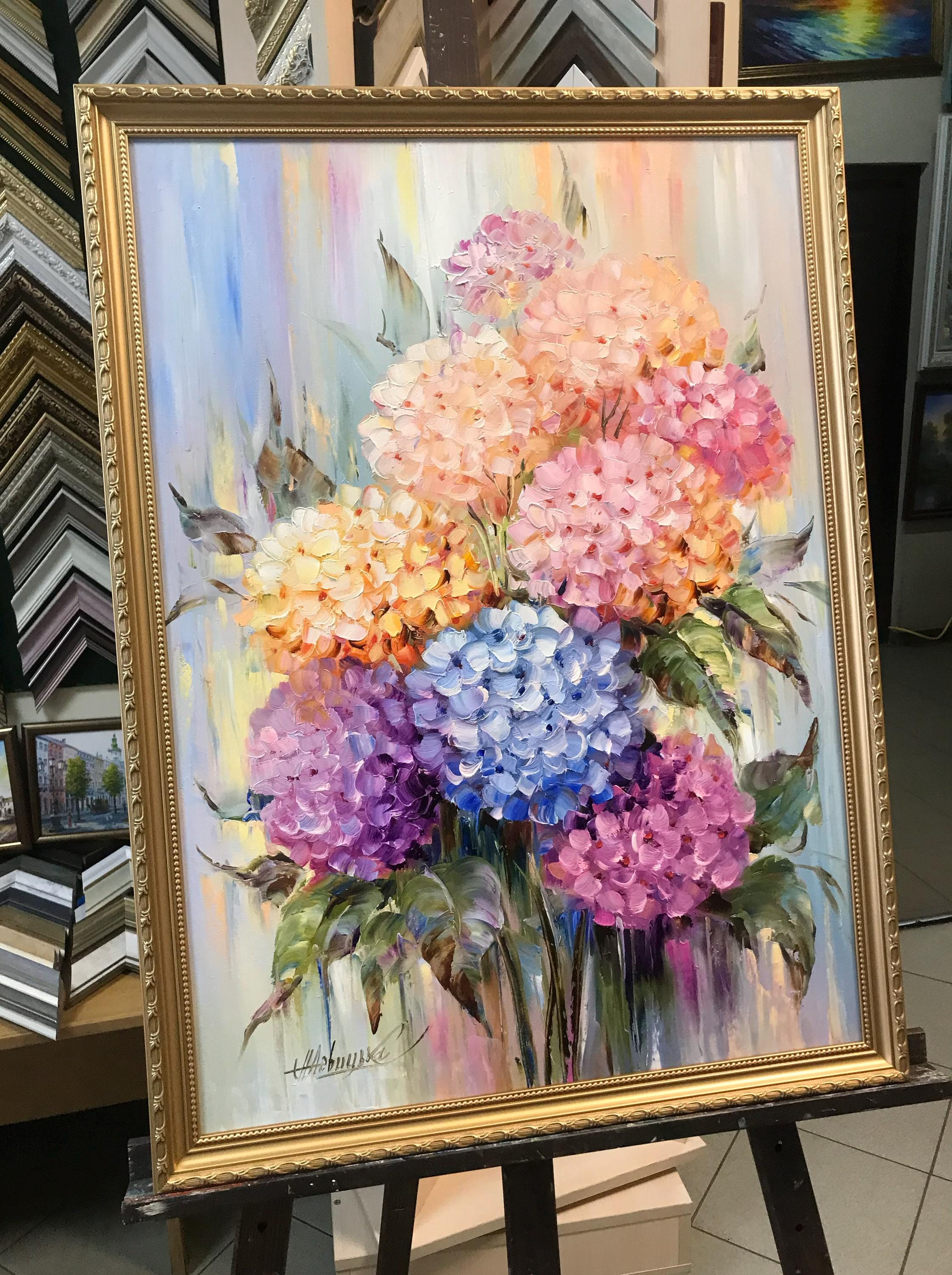 Original Hydrangea Oil Painting on Canvas: Colorful Floral Wall
