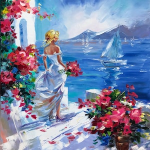 Woman at Sea Painting Original Santorini Painting on Canvas Seaside Artwork Girl Looking at the Sea Painting Greece Oil Painting Summer Gift image 1