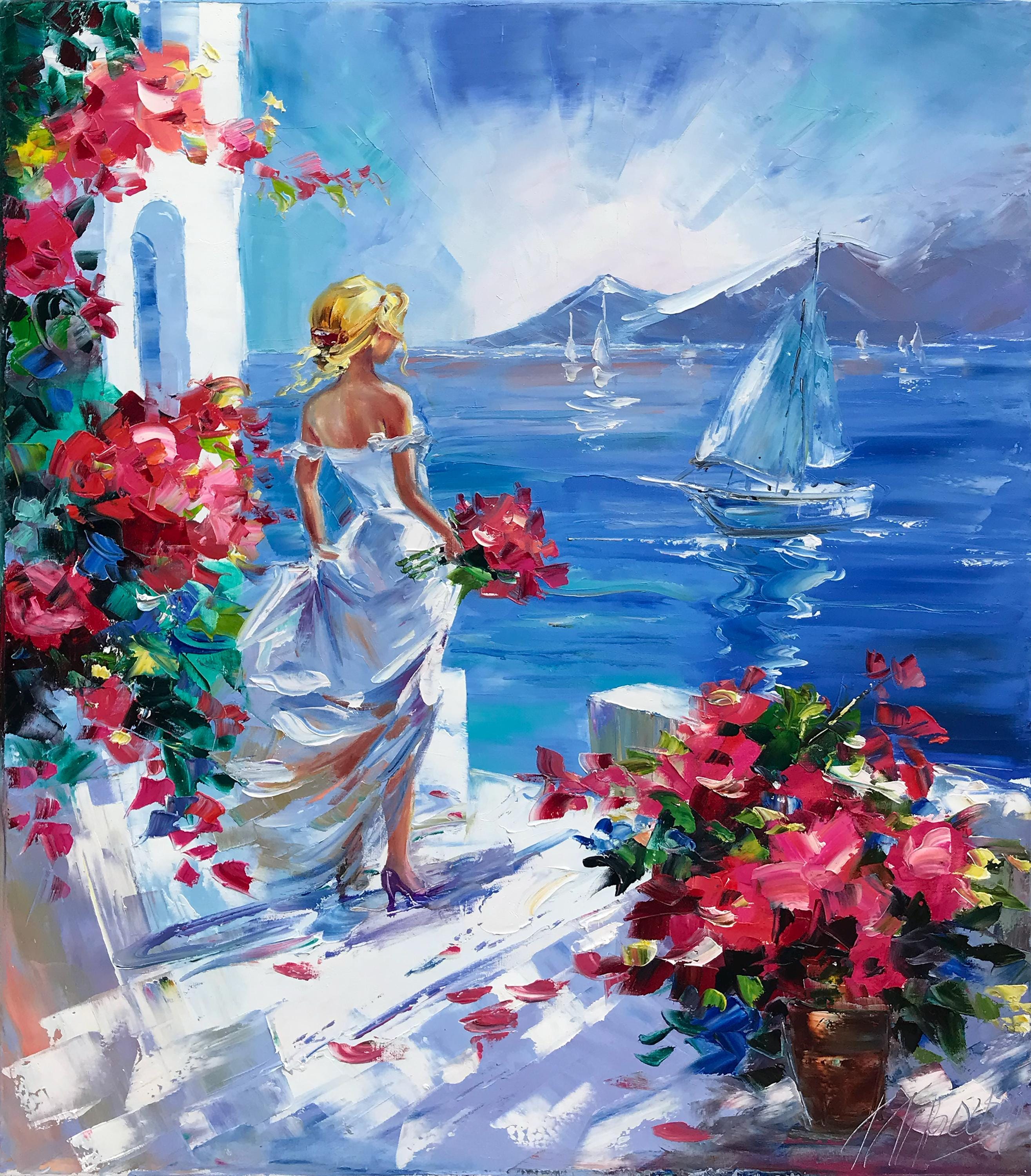 海辺の女性の絵画 キャンバスに描かれたサントリーニ島のオリジナル