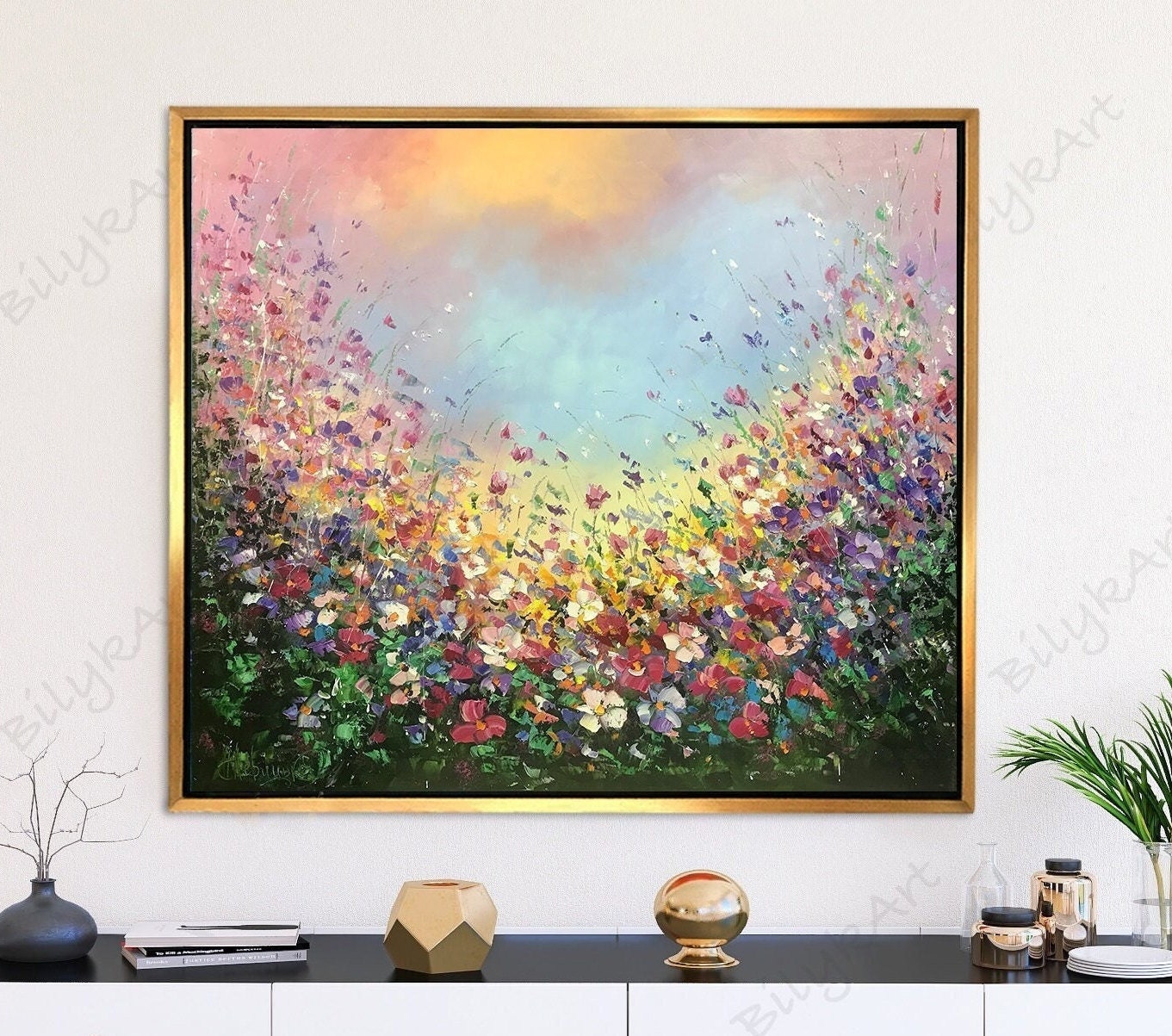 抽象的な野の花のオリジナル絵画 花畑アート 戸外絵画 キャンバス 田舎