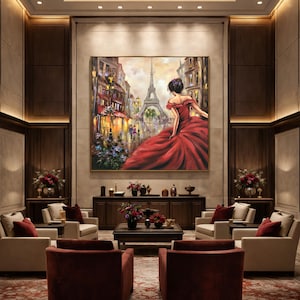 Assepoester schilderij op canvas: Emily in Paris Artwork, elegante vrouw in rode jurk muurkunst afbeelding 2
