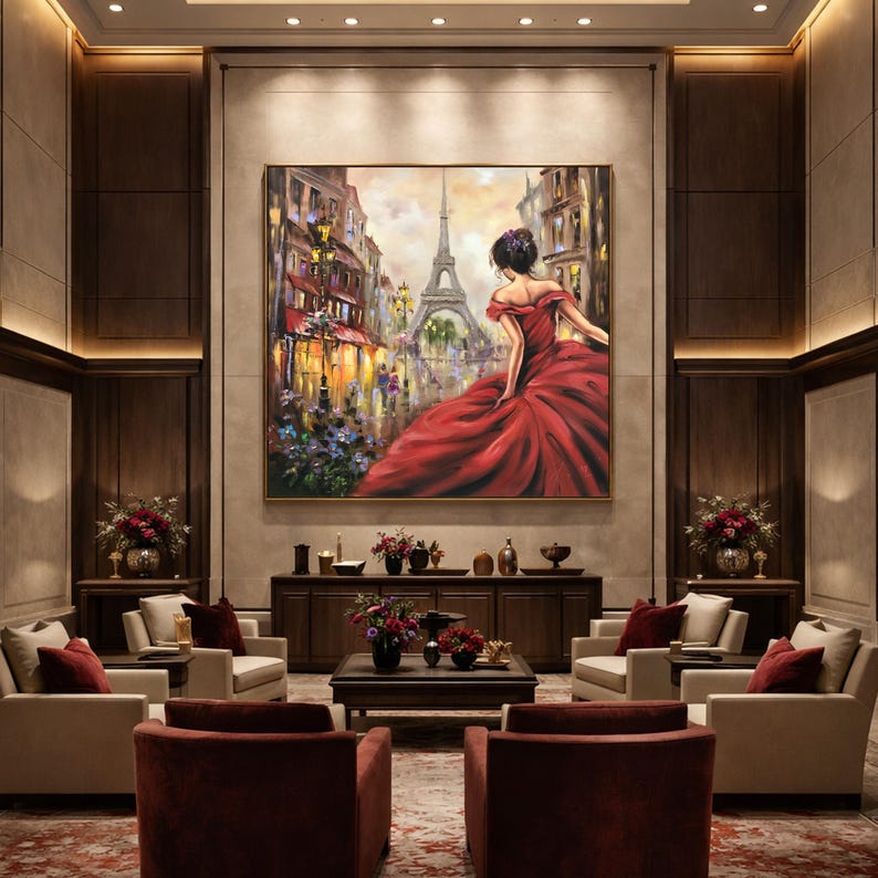 Assepoester schilderij op canvas: Emily in Paris Artwork, elegante vrouw in rode jurk muurkunst afbeelding 2