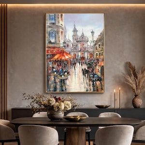 European Cityscape Painting Original Europe Wall Art Travel Town Abstract City Painting on Canvas Modern Cityscape Art European Cafe Art image 2