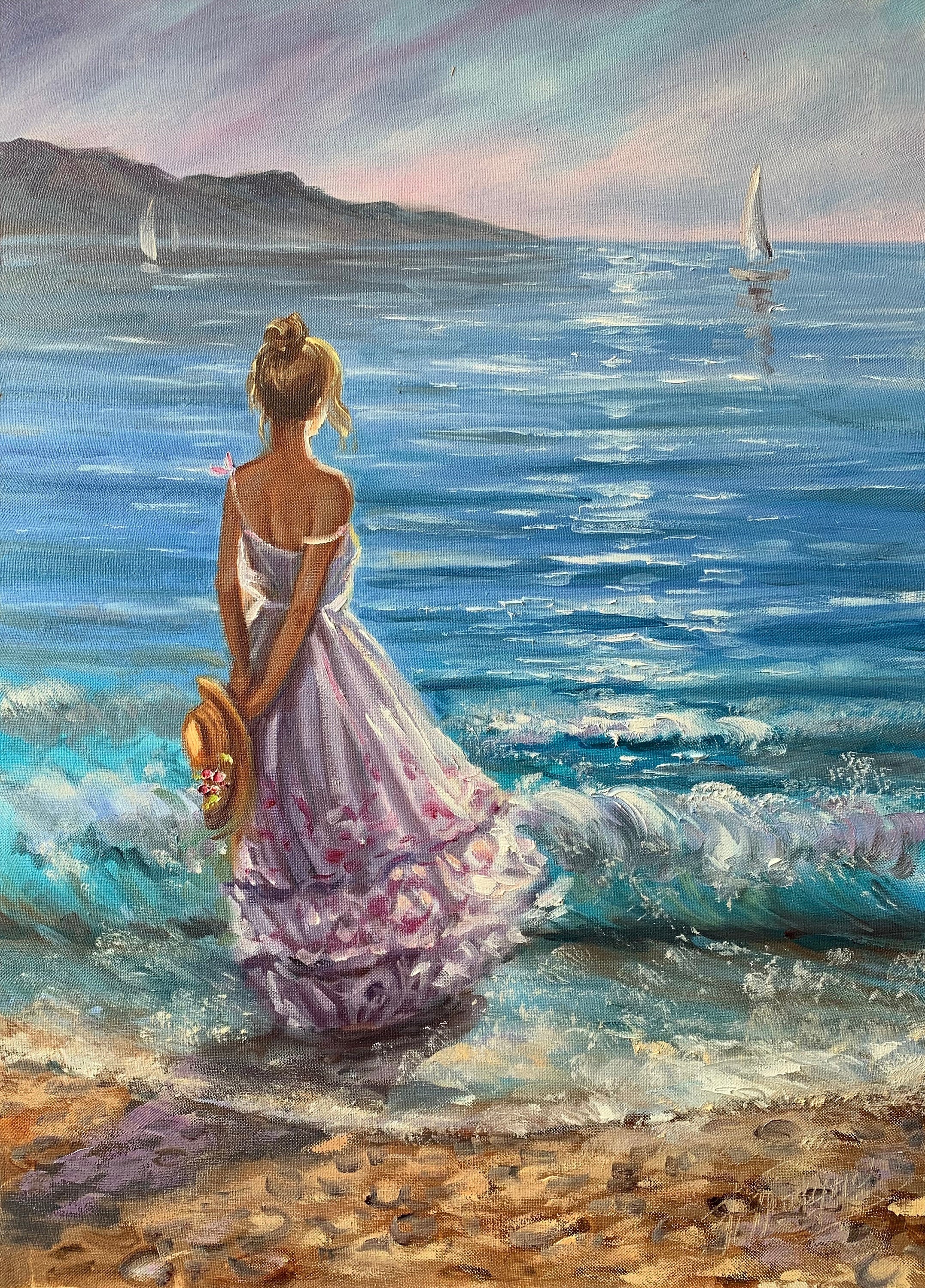 ビーチガール油絵 海辺の女性 ウォールアート 彼女への