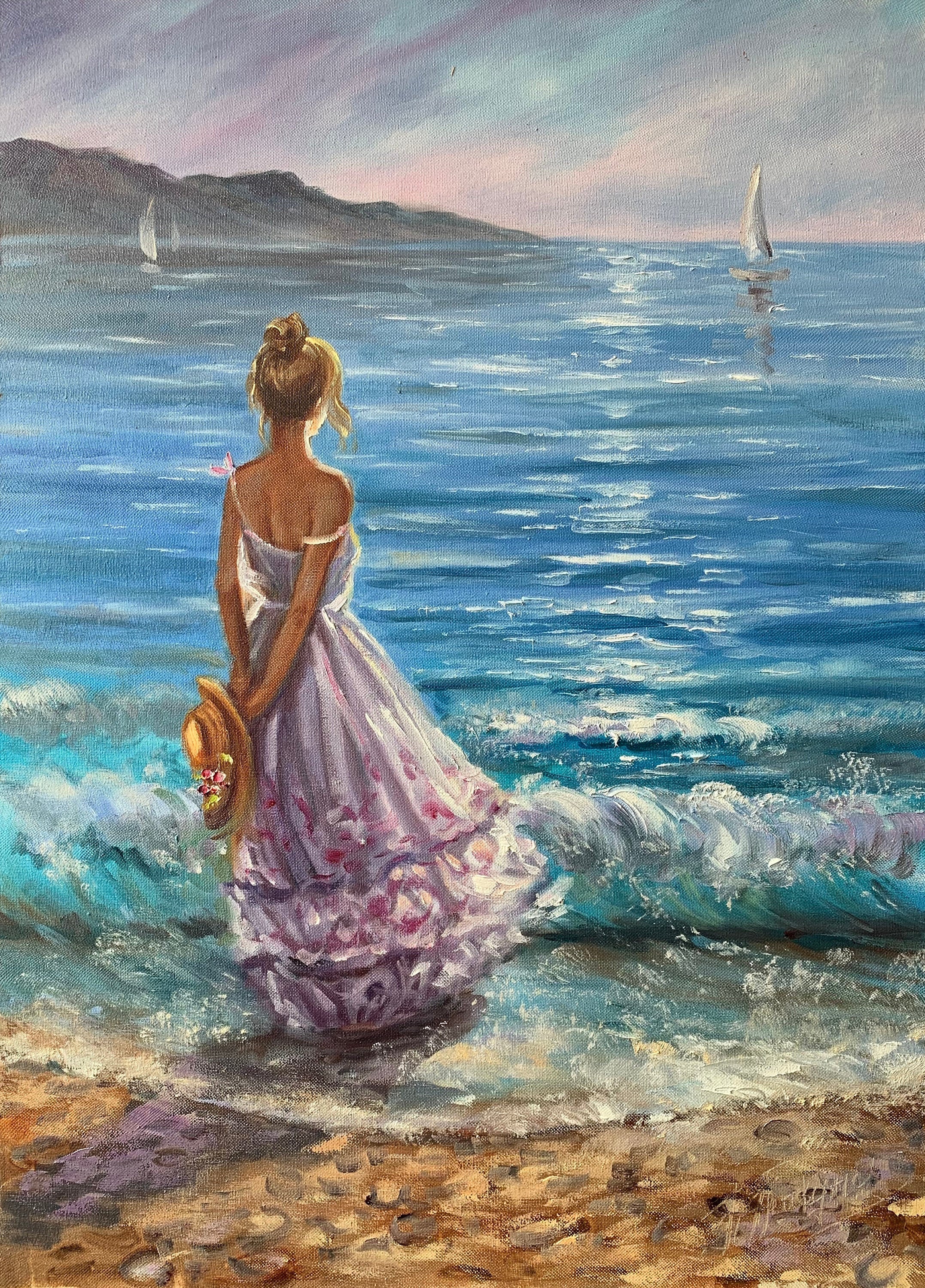 Beach Girl Oil Painting Woman by the Ocean Wall Art Romantic image