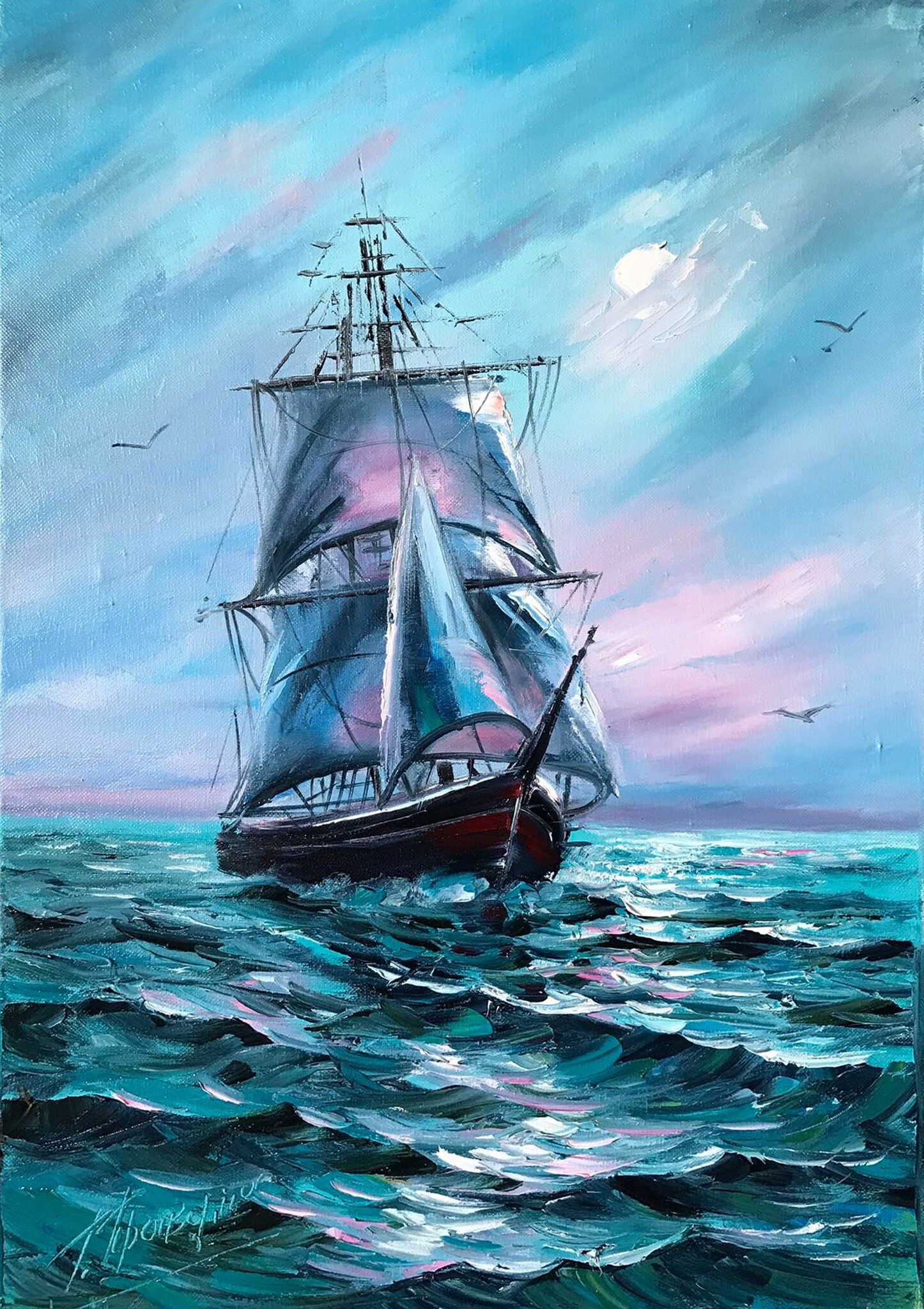 大型帆船油絵 オリジナル ネイビーブルー 海の波の絵 航海