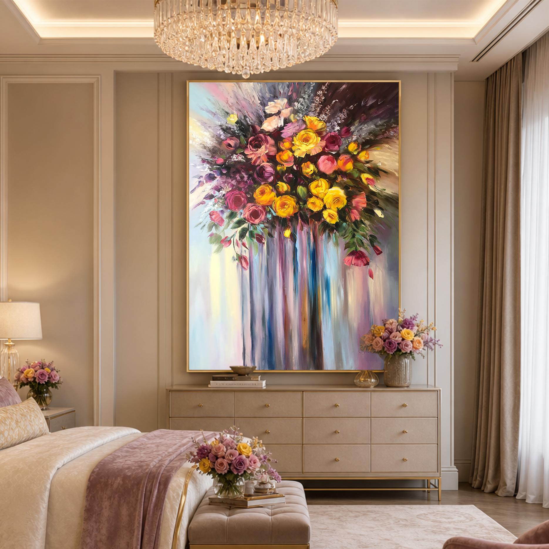 Large Abstract Floral Oil Painting, Colorful Flowers Luxury Wall