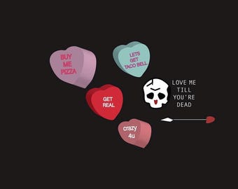 Affiche artistique « Cœurs de bonbons gothiques », humour emo et crâne (téléchargement numérique)