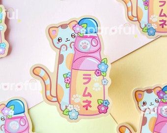 Calico Cat Ramune Sticker / Kawaii Cute Calico Cat Sticker / Japanese Drink Stickers / Laptop Water Bottle Sticker / Black Cat Sticker