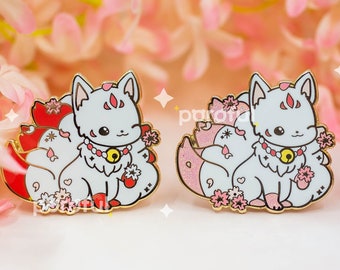 Cute Kitsune Sakura Kitsune Enamel Pin / Elegant Kitsune Nine Tailed Fox Fantasy Pin / Kitsune Shrine Guardian Pin / Nogitsune Pin