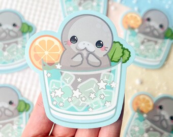 Cute Manatee Vinyl Sticker / Cute Cocktail Stickers / Cocktail Critters Waterproof Sticker / Ocean Cow Sticker / Ocean Marine Animal Sticker