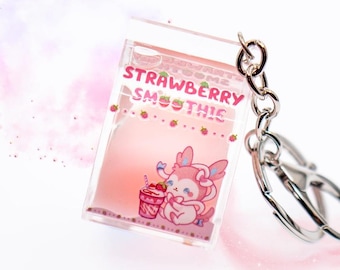 Sylveon Strawberry Smoothie Liquid Keychain / Eeveelutions Shaker Liquid Charm / Pokemon Shaker Keychain / Resin Shaker Fidget Toy Charm