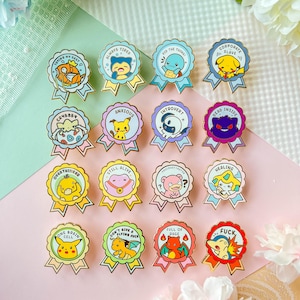 May include: Set of 16 enamel pins featuring Pokemon characters with humorous phrases like "Overthinker", "Always Tired", "One Brain Cell", and "Don't Give a Flying Fuck".