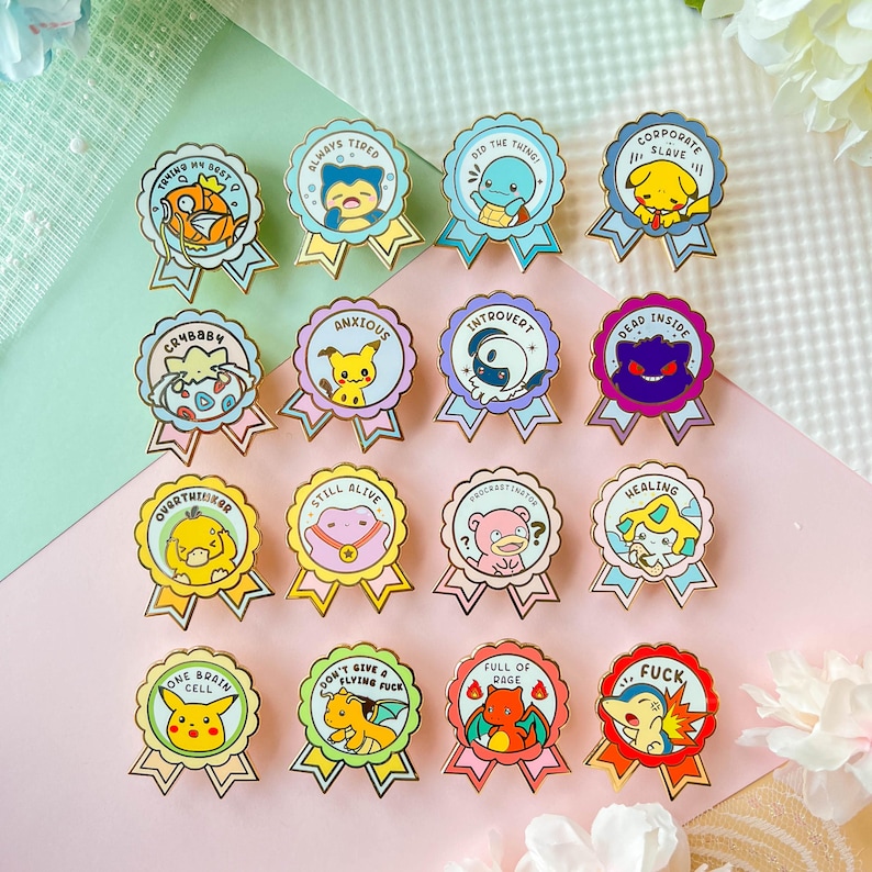 May include: Set of 16 enamel pins featuring Pokemon characters with humorous phrases like "Overthinker", "Always Tired", "One Brain Cell", and "Don't Give a Flying Fuck".