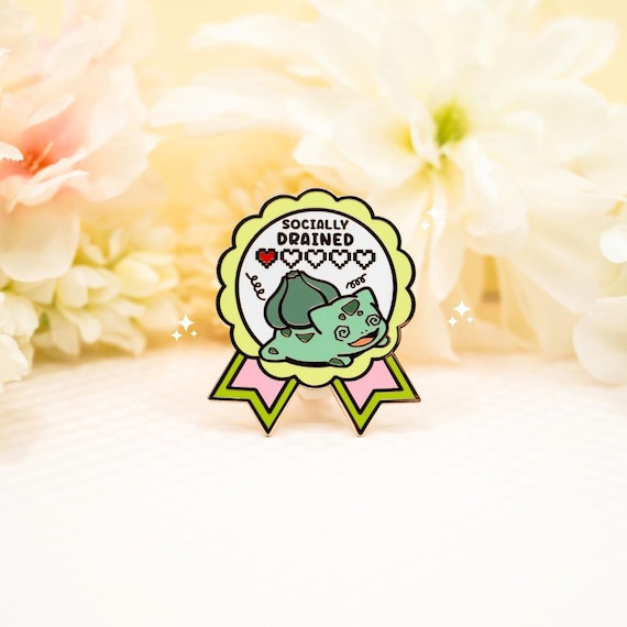 Bulbasaur Low Social Battery Enamel Pin / Introvert Enamel Pin / Humor Socially Anxious Overthinker Pin / Mood Meter Squirtle Charmander Pin