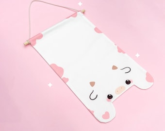 Kawaii Cute Strawberry Cow Enamel Pin Banner / Cute Cow Wall Decor / Kawaii Moo Cow Pin Badge Display Pennant Flag / Cow Enamel Pins