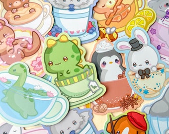 Kawaii Cute Animal Tea Stickers / Cute Animal Food Stickers / Lemon Tea Sticker / Animal Dessert Stickers / Bear Bunny Dinosaur Stickers