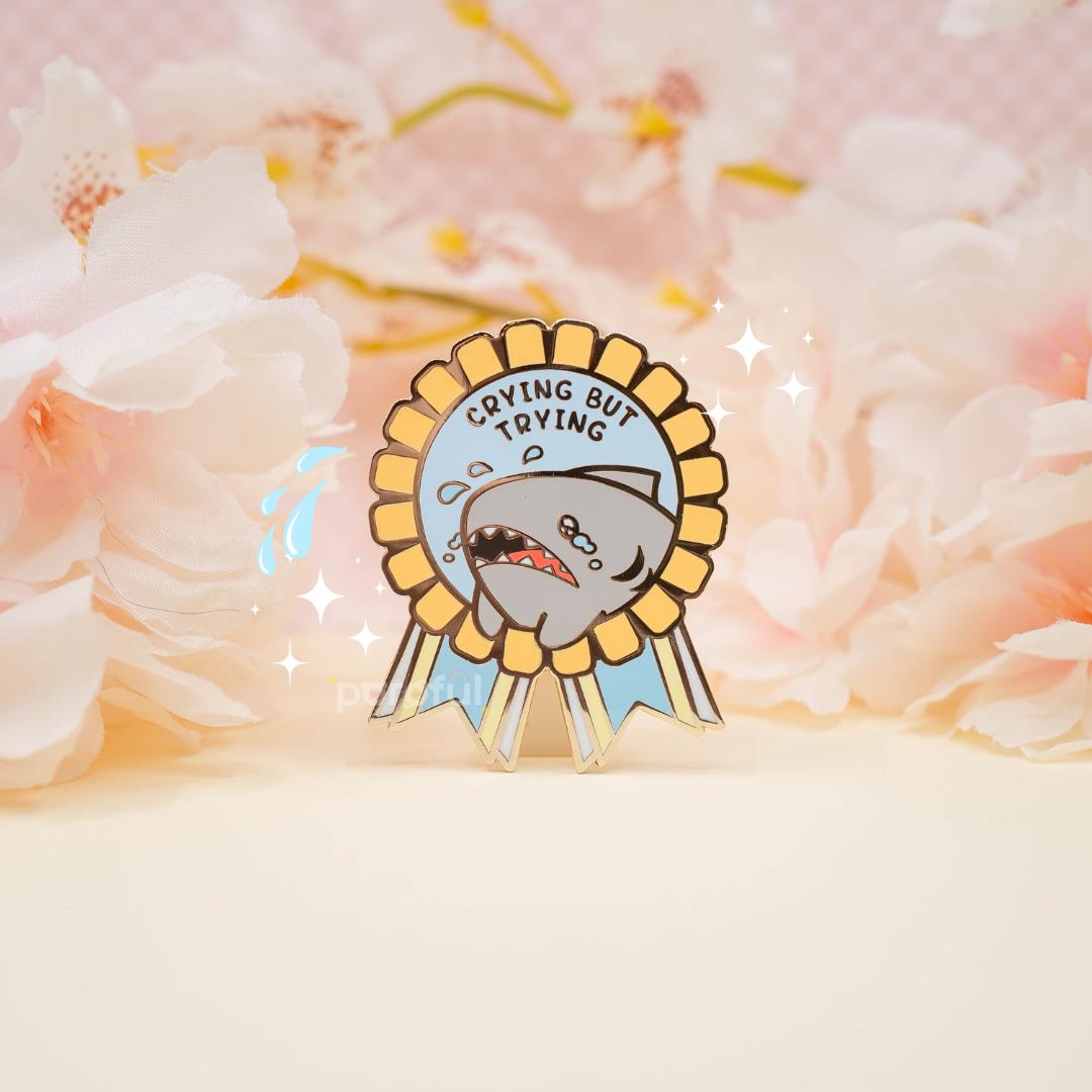 Crying But Trying Shark Enamel Pin Badge / Trying My Best Pin / Doing My Best Pin Badge / Keep Going Award Pin / Kawaii Positivity Quote Pin