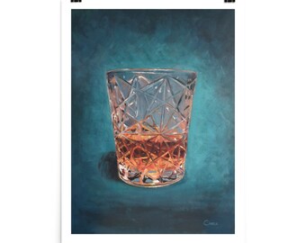 ウイスキーアートプリント：バーカートの装飾に最適な、雰囲気のある炎の絵画