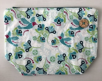 Small Teal birds and floral Project Bag, Zipper Pouch for Knitting and Crochet