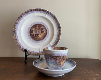 Antique Ironstone Transferware Tea Cup, Saucer, and Plate - 19th Century Tea Service Set - Horses and Rider Purple