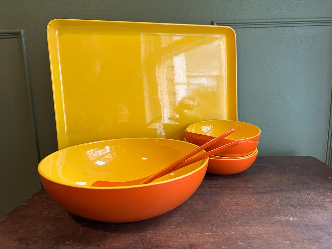 Vintage Nasco Flamingo Salad Bowl Set: MCM Orange & Yellow Kitchen - Etsy