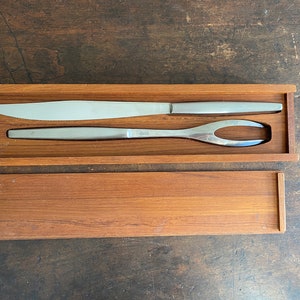 Gorgeous Vintage Mid-Century Modern Danish Modern Serving Utensil Set Carving Set 2 Mint Condition Utensils Metal Fork Knife Retro Denmark