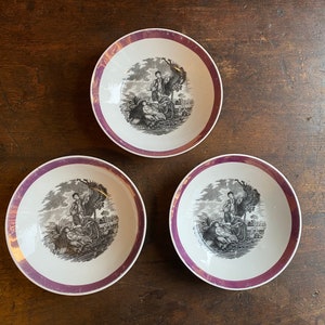 Three Antique Pink Saucers Lusterware Trnsferware Softpaste Victorian Era Floral English Staffordshire - Transferware Party Plates Pink