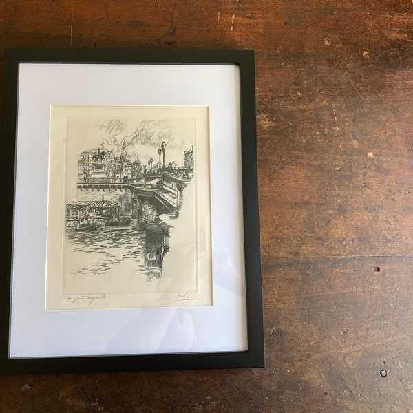 Vintage Artist Signed Etching Pont Neuf, Paris France - Framed Print French Architecture Bridge Notre Dame Cathedral and the Sainte-Chapelle