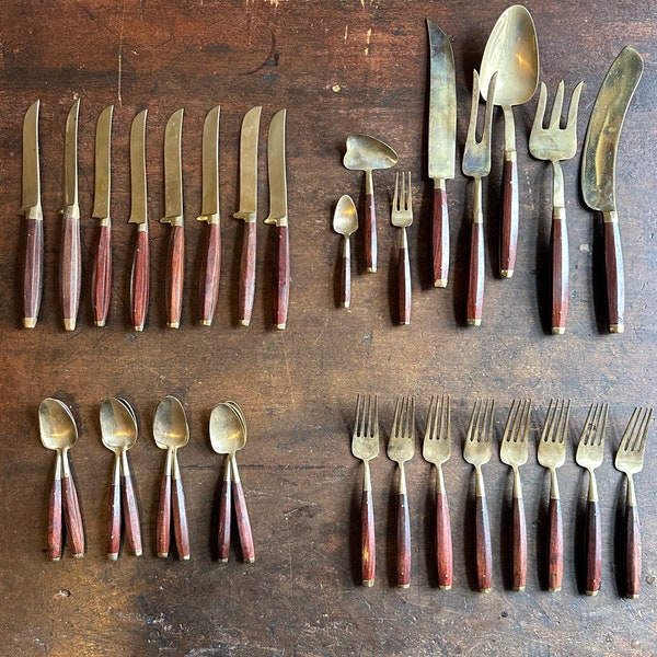 Gorgeous Vintage Mid-Century Modern Flatware - Set of 32 - Great Condition Danish Modern Utensils Metal Wood Gold Fork Knife Spoon MCM Retro