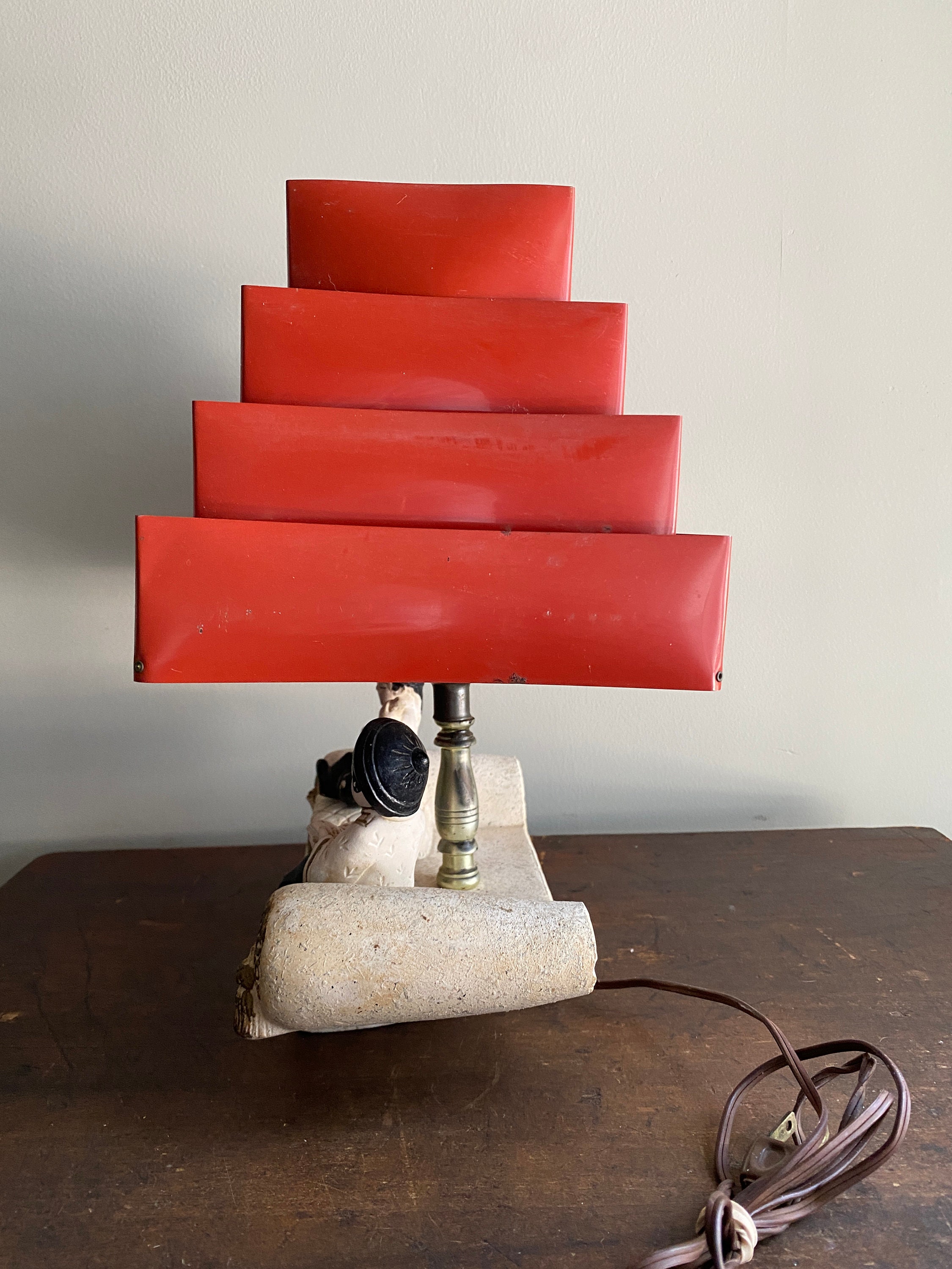 Red Enamel & Brass Candlestick Accent table lamp Vintage On Asian Base MCM  