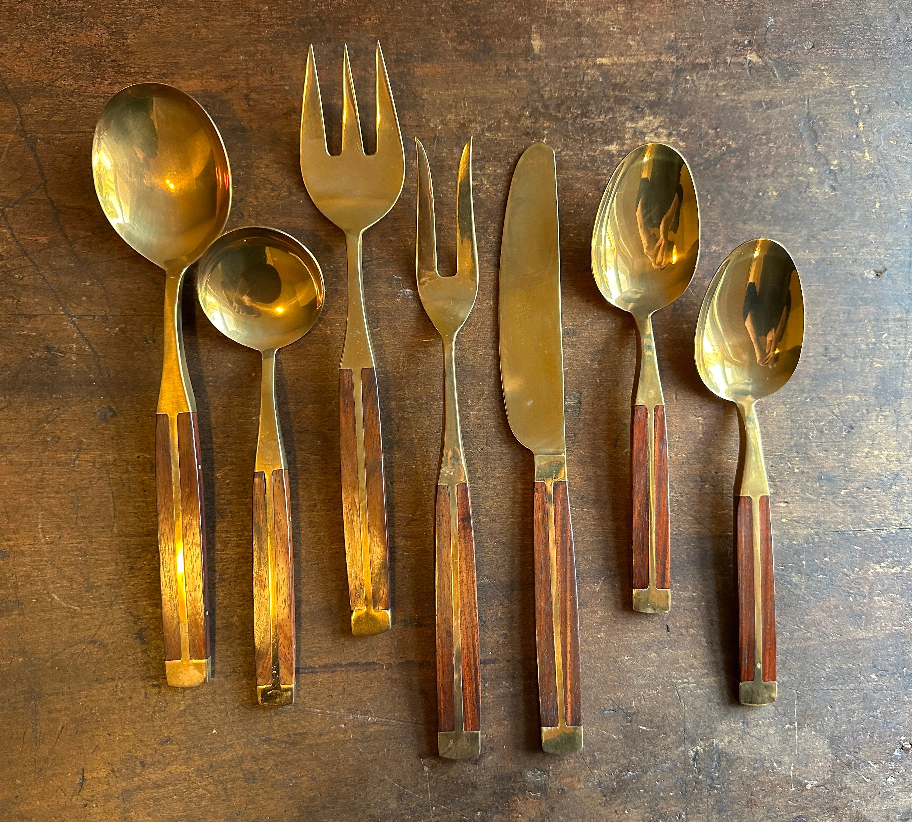 Gorgeous Vintage Mid-century Modern Flatware and Serving Set Set of 158  Danish Modern Utensils Metal Gold Fork Knife Spoon 1960s 1970s 
