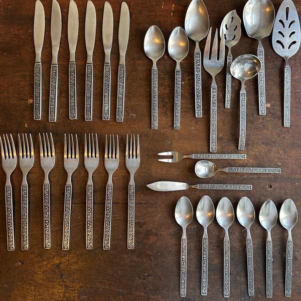 Gorgeous Vintage Mid-Century Modern Flatware - Set of 30 Nasco Cutlery Danish Modern Japan Metal Fork Knife Spoon MCM Stainless Steel For 6