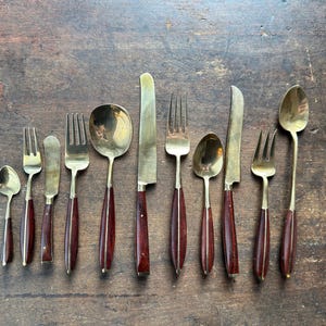 Gorgeous Vintage Mid-Century Modern Flatware and Serving Set - Set of 143 - Danish Modern Utensils Metal Gold Fork Knife Spoon 1960s 1970s