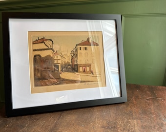 Vintage Signed French Print – Montmartre Street Scene, Sacré-Cœur Basilica