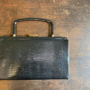 Perfect Condition Black Faux Alligator Purse Bag with Folding Handle Black Clutch Garay 1960s Clothing Accessories