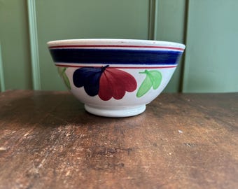 Antique Adams Rose Serving, Waste, Mixing Bowl - Victorian Staffordshire England Handprinted Ceramic Bowl Red, Purple, Green Flowers