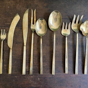 Ten Piece Vintage Mid Century Modern Serving Set - Atomic Age Utensil MCM 1950s 1960s Fork Knife Spoon Bamboo Gold Tone Metal Serving