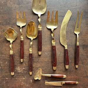 Gorgeous Vintage Mid-Century Modern Danish Modern Serving Utensil Set - MCM 1960s 1970s Wood and Metal Fork Knife Spoon Retro Set of 9
