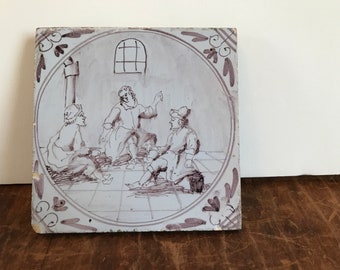 18th Century Purple Manganese Delft Tile Netherlands Ceramic Wall Tile Antique 1700s Art