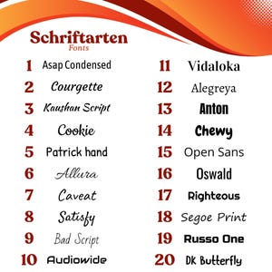 Op de afbeelding: Een afbeelding met een selectie van lettertypen, getiteld "Schriftarten Fonts". De lettertypen zijn genummerd en opgesomd, waaronder "Asap Condensed", "Courgette", "Kaushan Script", "Cookie" en "Patrick hand". De achtergrond heeft oranje en rode gradi&euml;nten.
