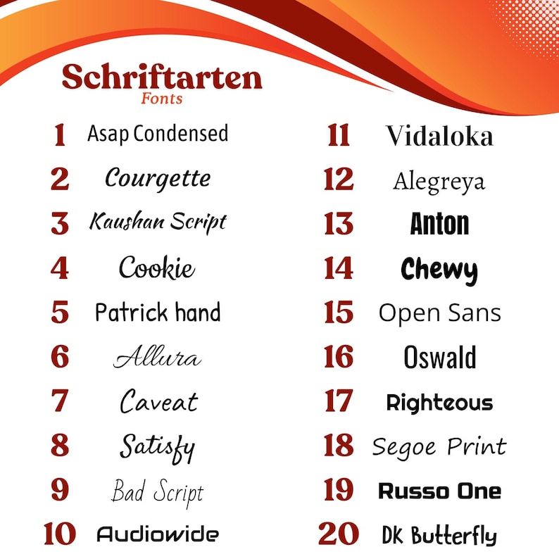 Op de afbeelding: Een afbeelding met een selectie van lettertypen, getiteld "Schriftarten Fonts". De lettertypen zijn genummerd en opgesomd, waaronder "Asap Condensed", "Courgette", "Kaushan Script", "Cookie" en "Patrick hand". De achtergrond heeft oranje en rode gradi&euml;nten.