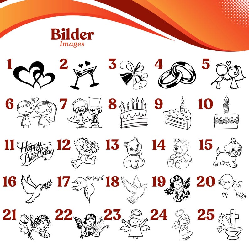 Op de afbeelding: Een verzameling zwart-wit lijntekeningen, waaronder harten, champagneglazen, trouwringen, een taart, een kat, een teddybeer en engelen. De woorden "Bilder" en "Images" staan bovenaan.