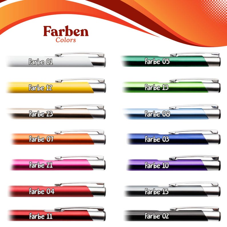 Op de afbeelding: Een verzameling kleurrijke pennen met zilveren accenten. Elke pen is voorzien van een kleurnummer en het woord "Farben" staat bovenaan. De pennen zijn in verschillende kleuren, waaronder wit, groen, geel, blauw en rood.