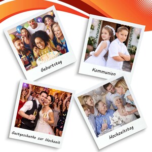 Op de afbeelding: Vier foto's in Polaroid-stijl die verschillende vieringen tonen. E&eacute;n foto toont een verjaardagsfeestje met een taart, een andere een communie, een bruiloft en een familiebijeenkomst met champagne. Duitse tekst is zichtbaar.